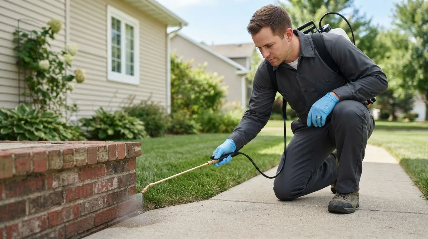 Pest control technician treating a home near Waskish, MN